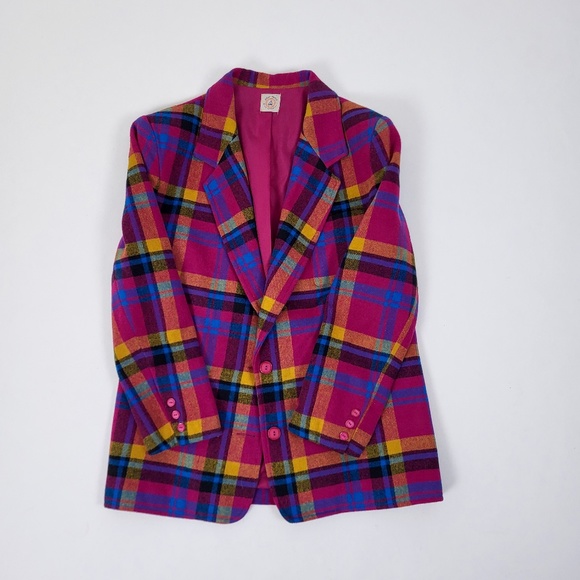 Vintage plaid blazer colourful multi-coloured bright structured shoulder pads - Picture 14 of 14